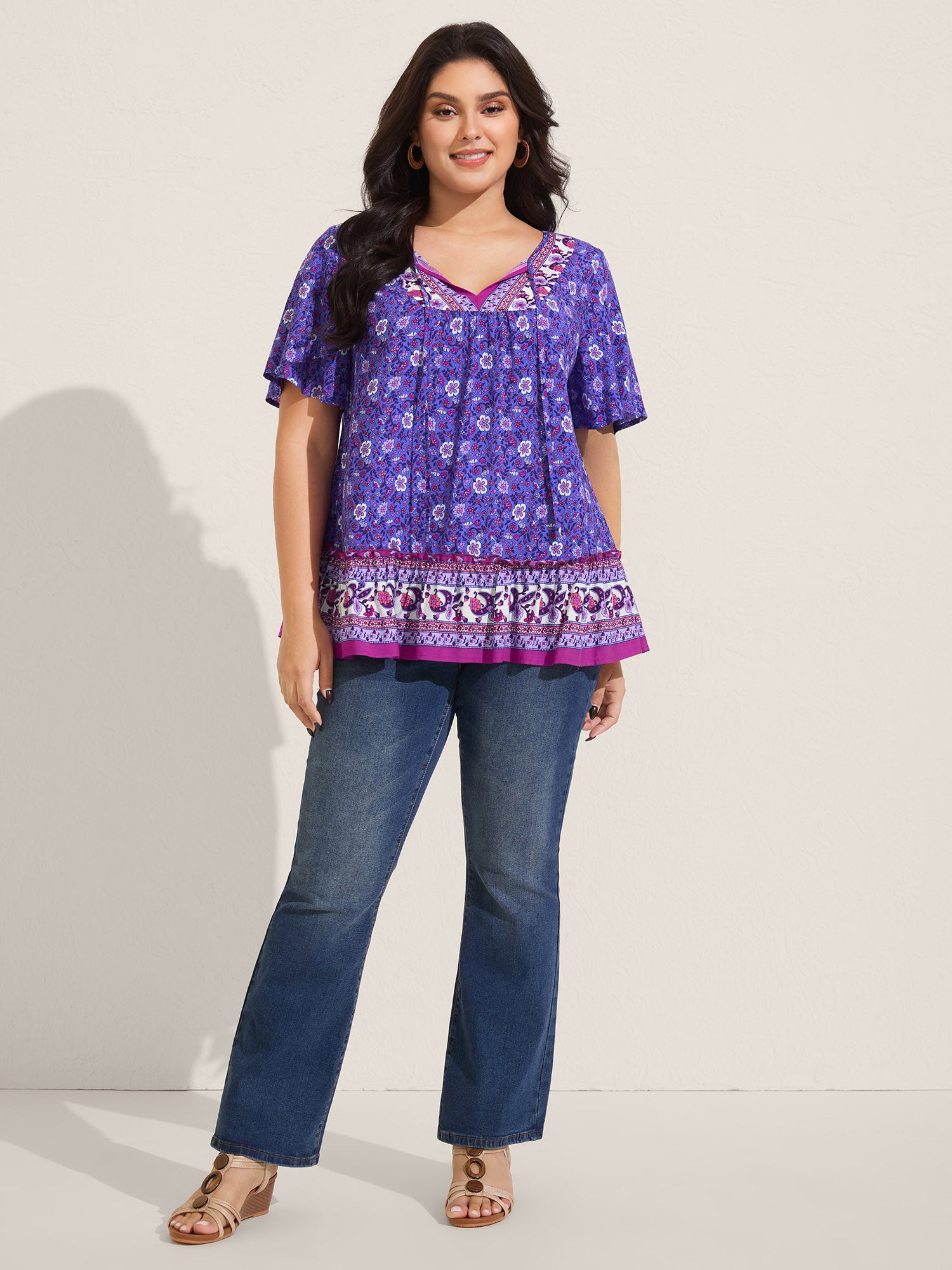 Boho Floral Print Neck Tie Blouse