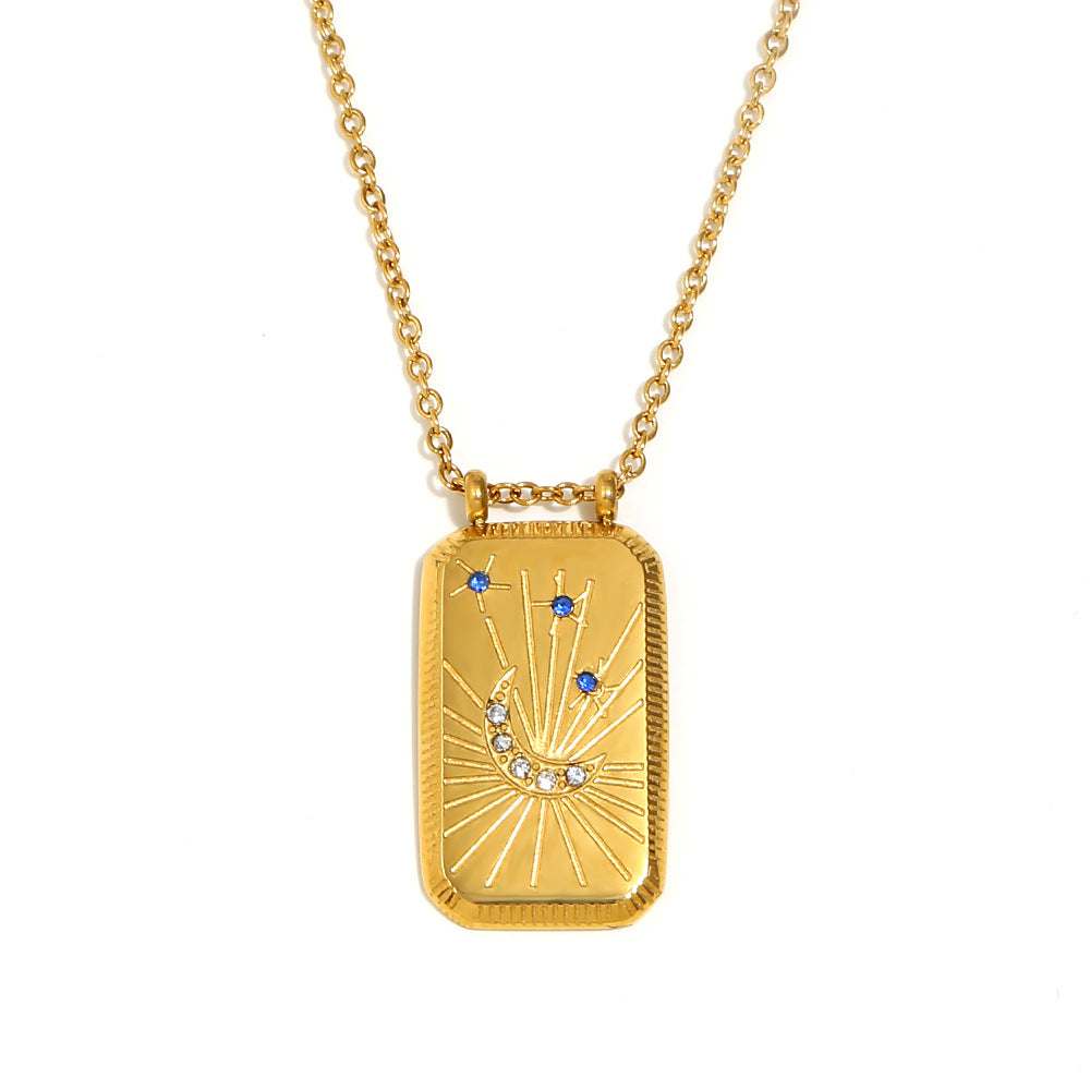 Ins Fashion Niche Geometric Square Retro Pendant Stainless Steel Plated 18K Gold Drop Oil Tarot Necklace Female