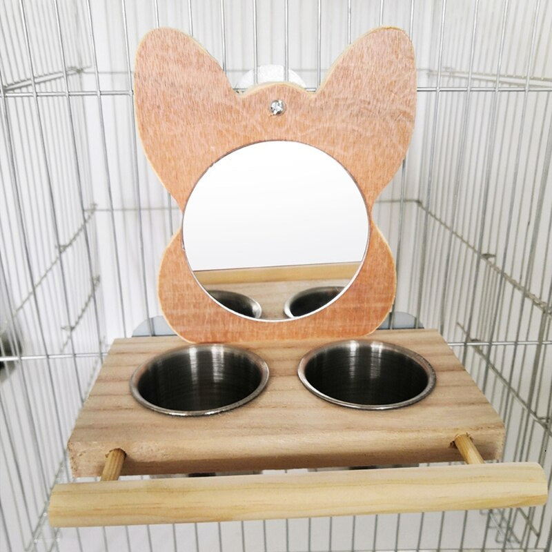 Bird Toy Cage Hanging Mirror With Feeder