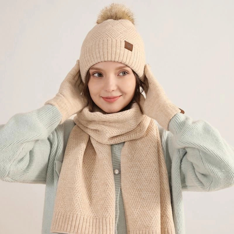 Wool Knitted Warm Gloves Hat Scarf Three-piece Suit Winter Windproof Fur Ball Fleece-lined Knitted Hat Three-piece Suit