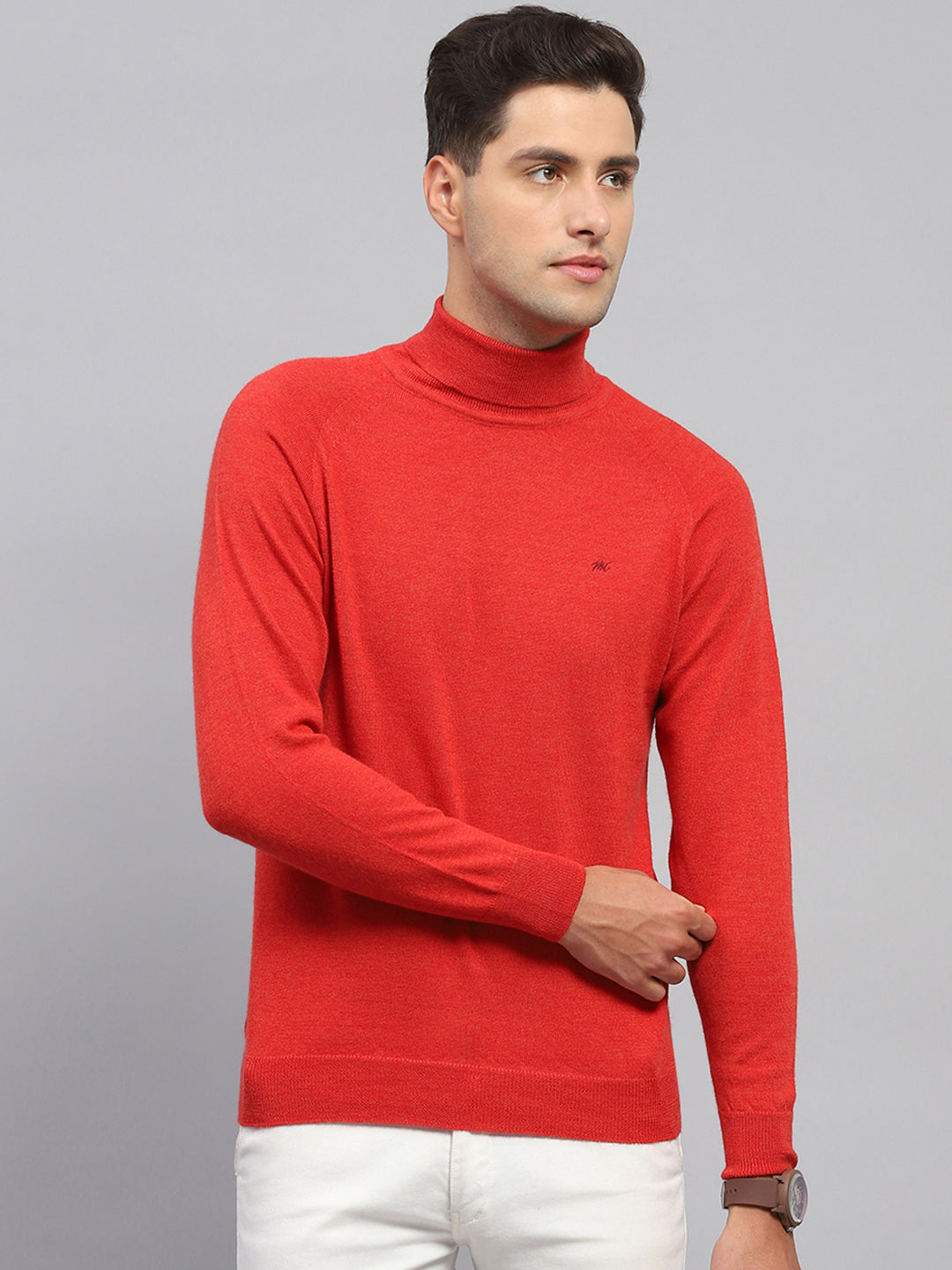 Men Red Solid Turtle Neck Full Sleeve Pullover