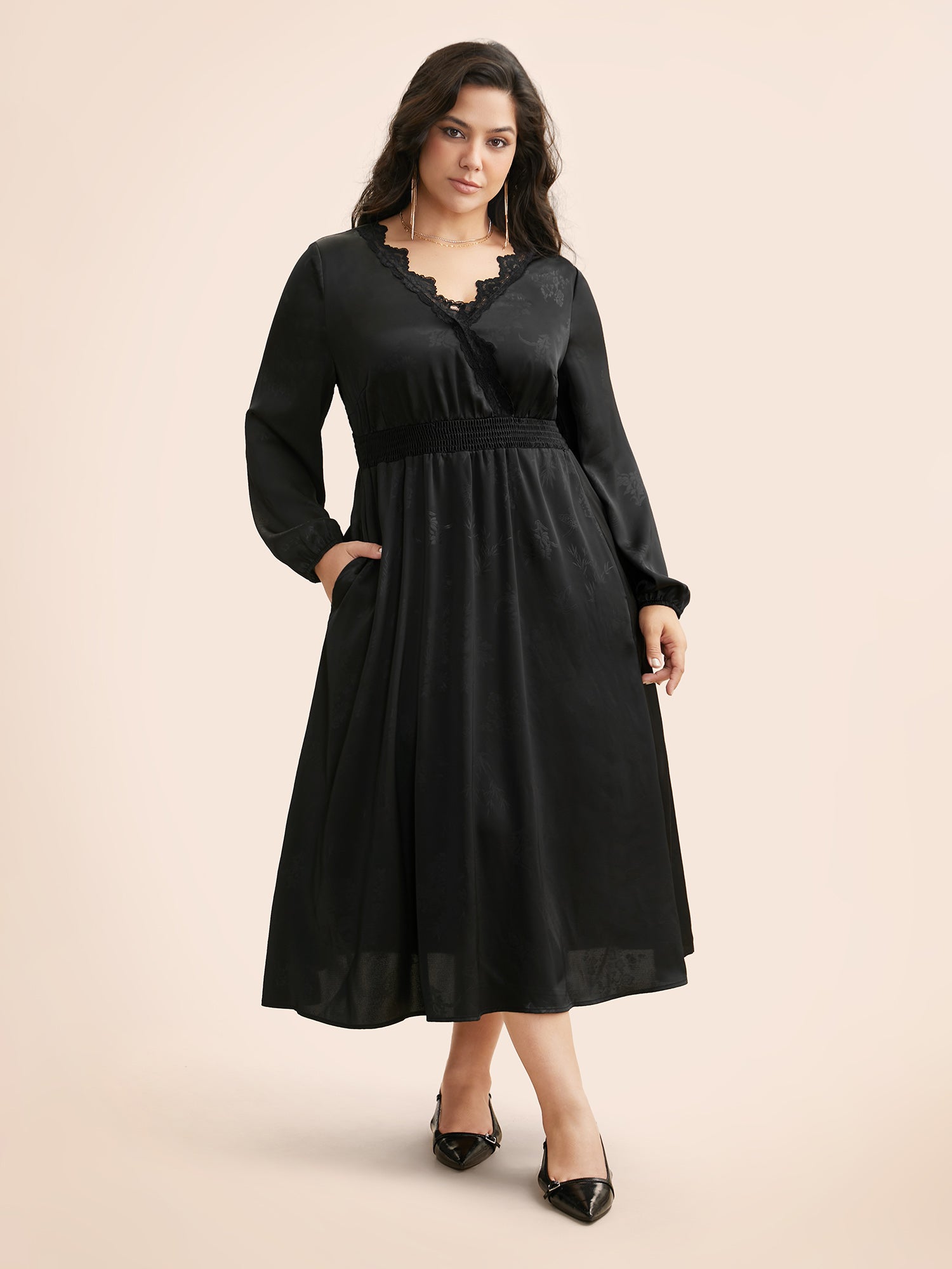 Overlap Collar Textured Shirred Lace Trim Dress