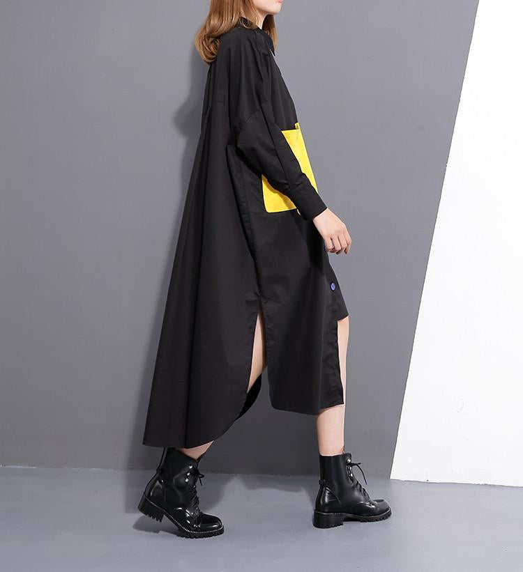 Asymmetrical Yellow And Blue Button Up Shirt Dress