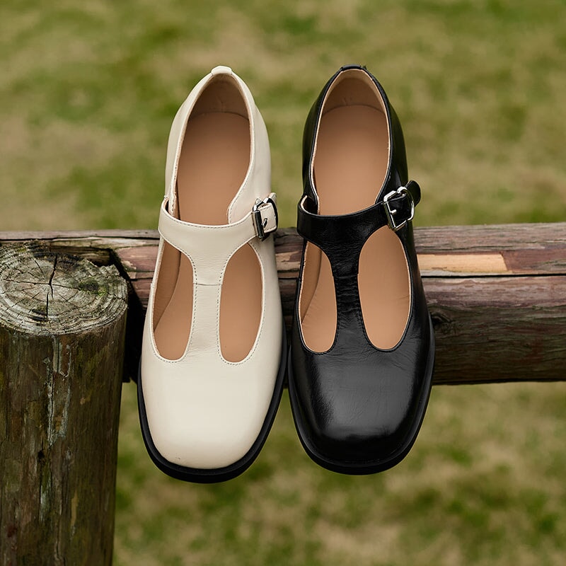Handmade Retro Leather T Strap Mary Jane Shoes For Women Round Toe Black/Beige