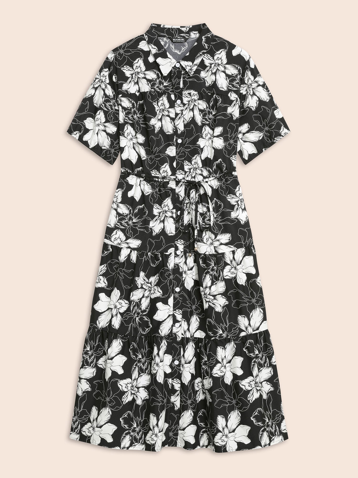 Floral Shirt Collar Belted Midi Dress