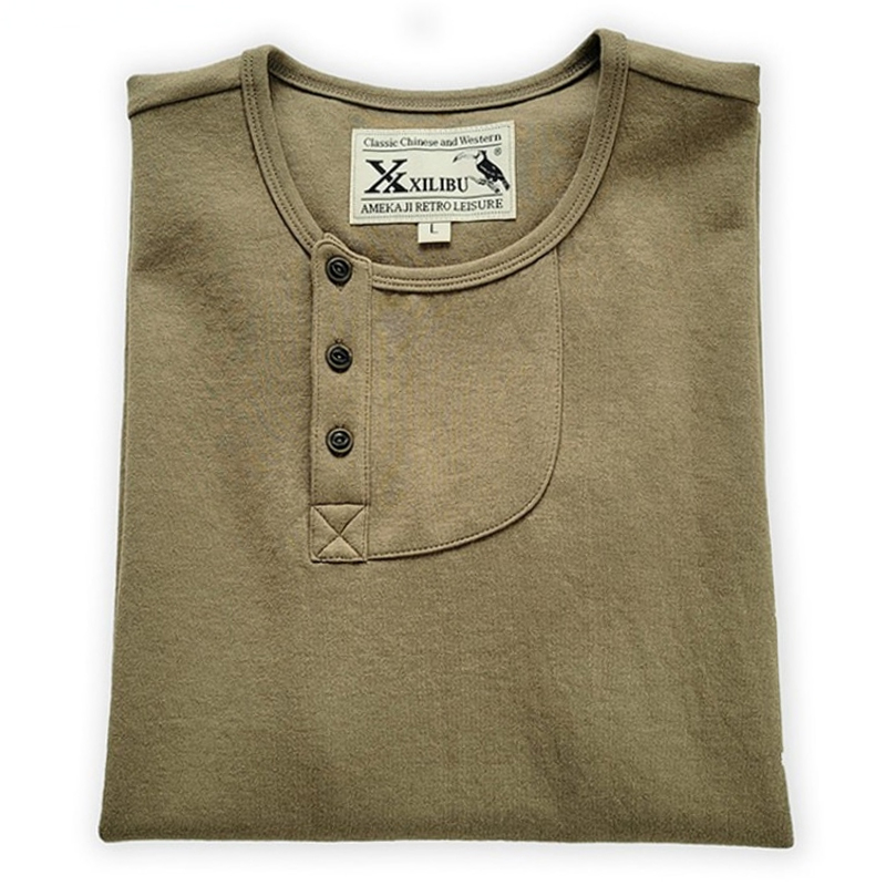 Vintage Khaki Henley Collar Cotton Short Sleeve Casual T-Shirt