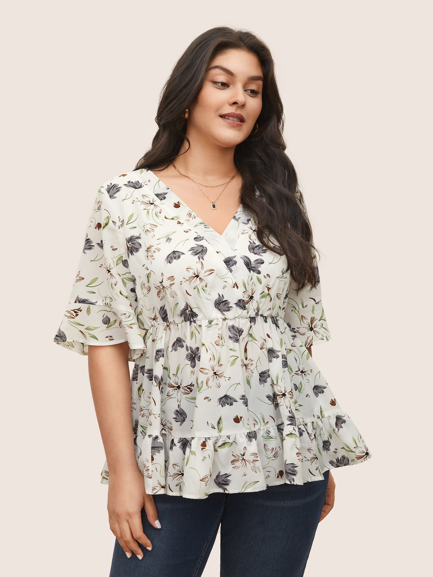 Floral Surplice Neck Ruffles Gathered Blouse