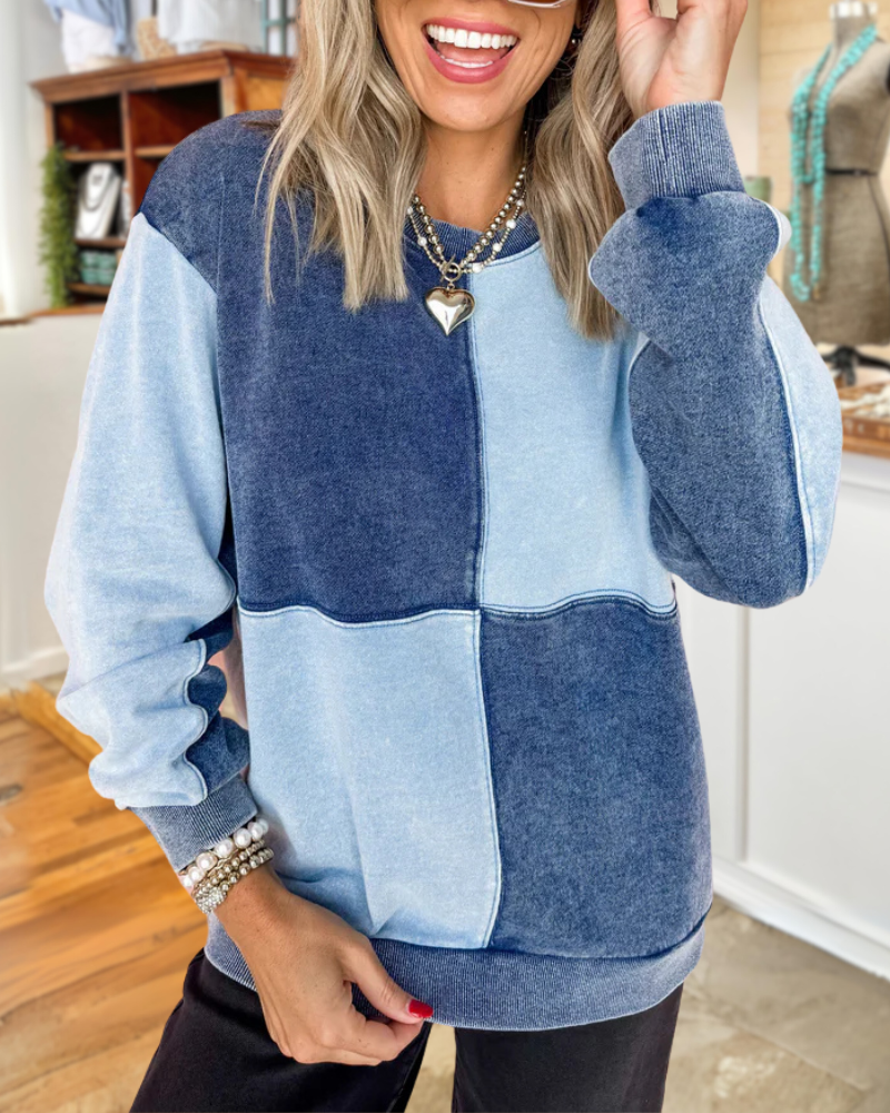 Color Block Washed Distressed Sweatshirt