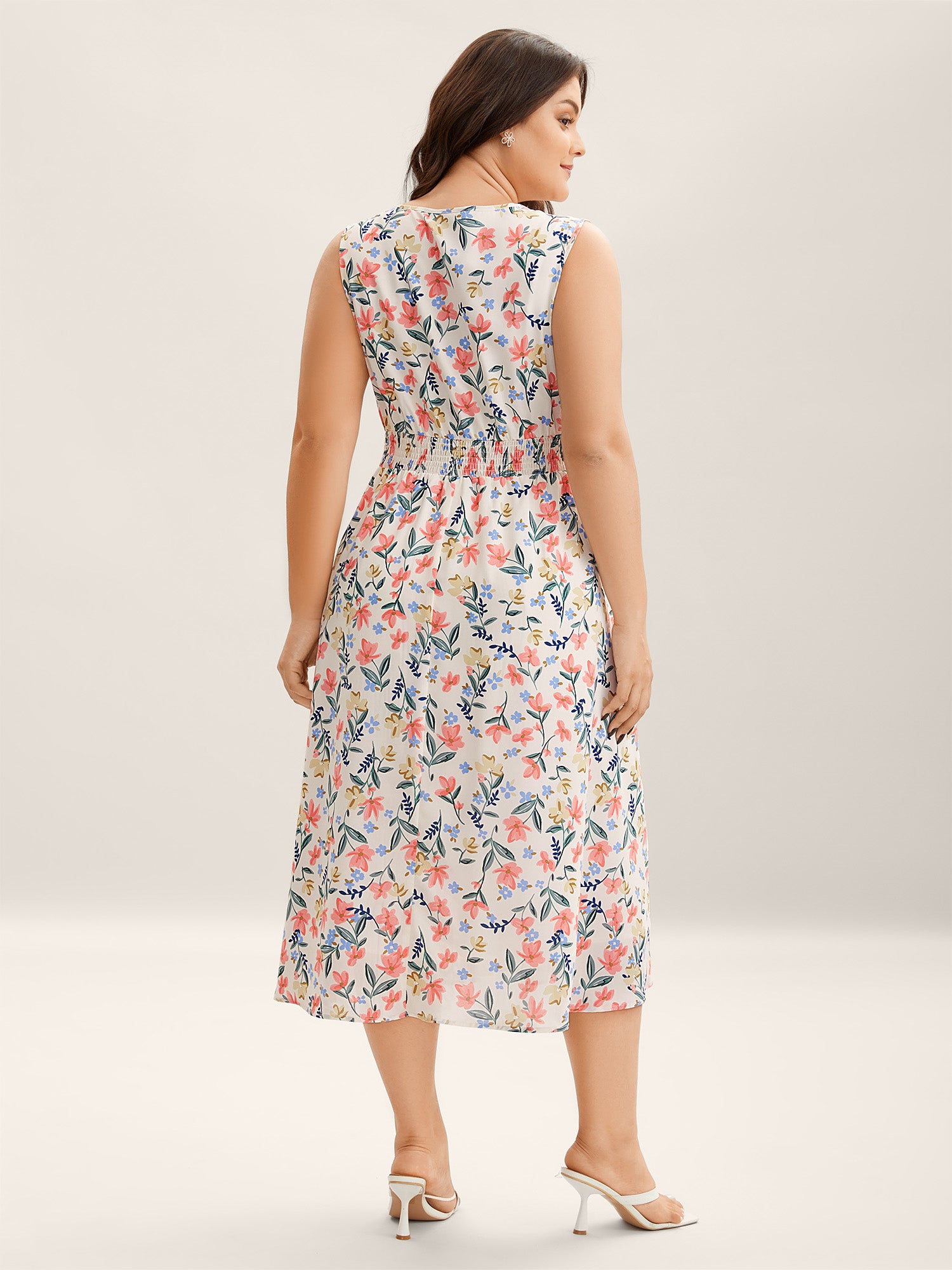 Shirred Waist Floral Print Pockets Midi Dress