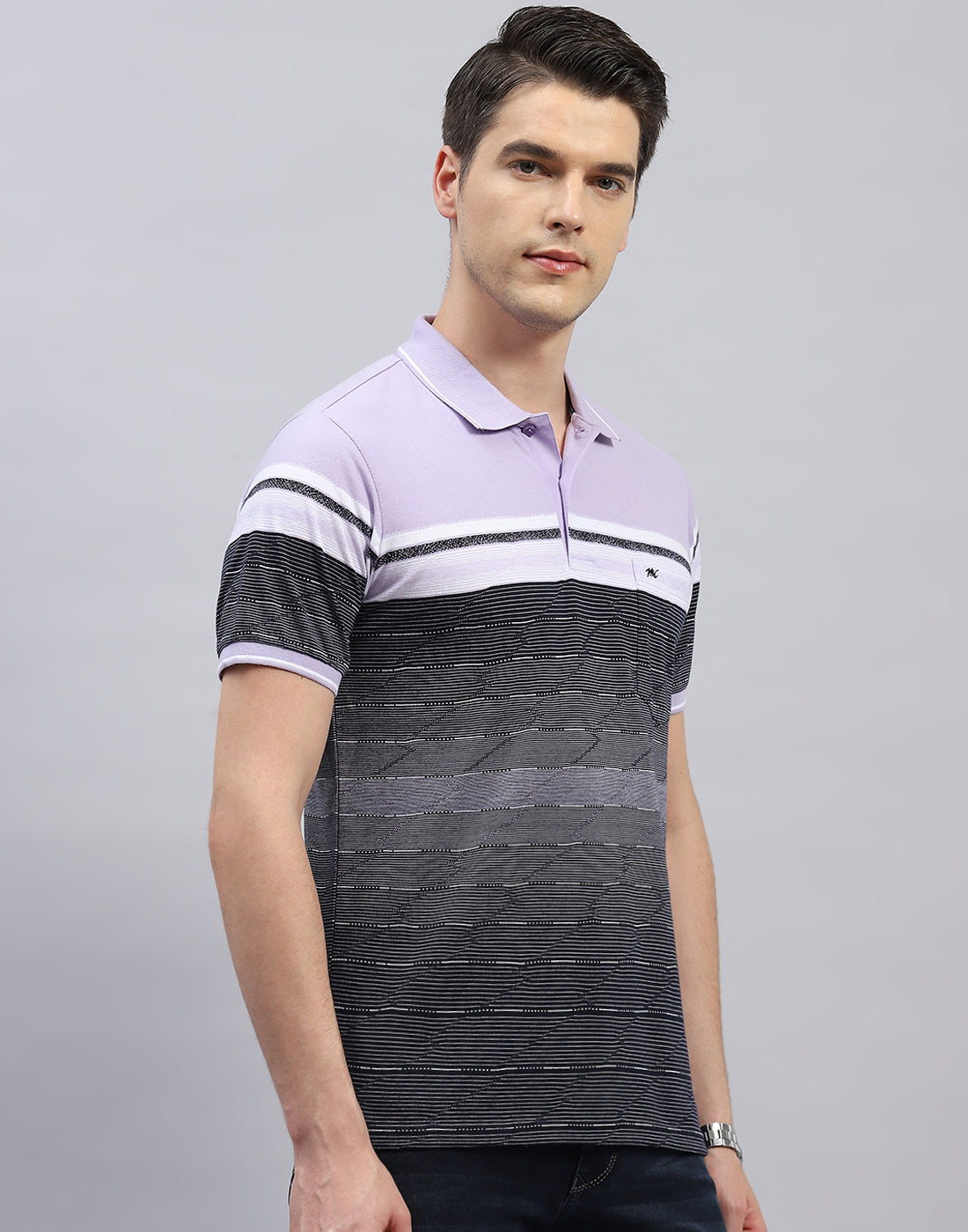 Men Purple Stripe Polo Collar Half Sleeve T-Shirt