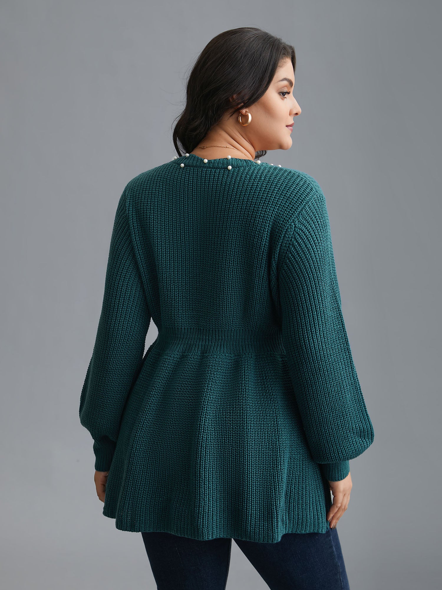 Wavy Neckline Pearl Waist-Defining Pullover