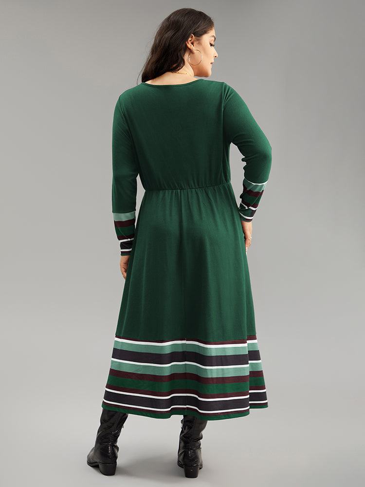 Striped Patchwork Contrast Crew Neck Dress