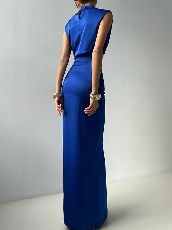 Sleeveless Buttoned Solid Color Split-Front Heaps Collar Tank Top&Skirts Bottoms  Two Pieces Set