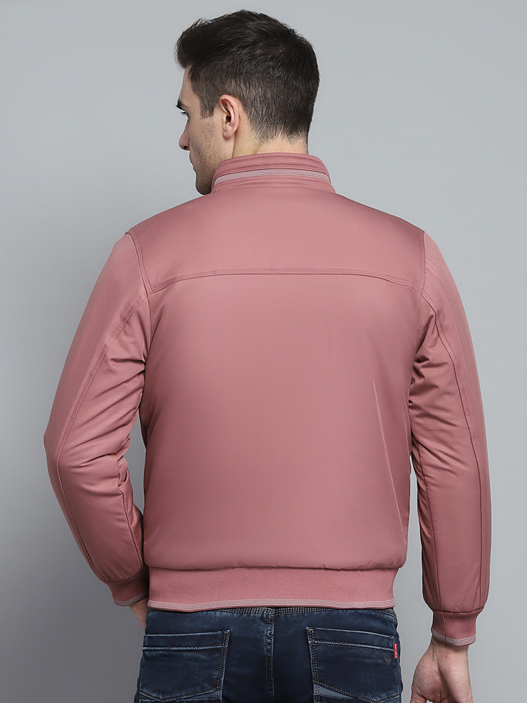 Men Pink Solid Mock Neck Full Sleeve Jacket