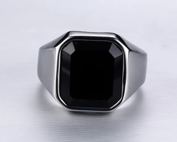 Rings Stainless Steel Black Agate Ring Steel Color Men's Ring Jewelry