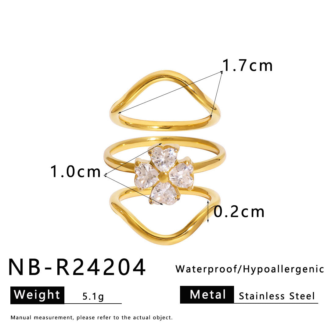 Zircon Love Four-Leaf Flower Stainless Steel Ring Female Design Niche Versatile Ring