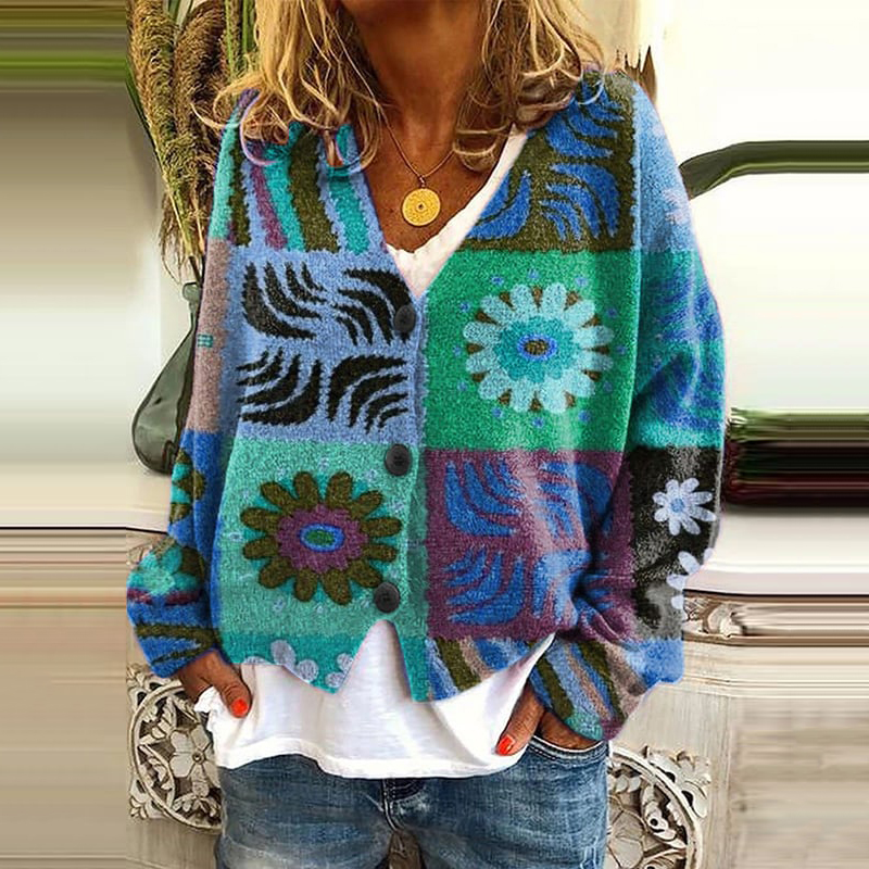 Vintage Printed V-Neck Long Sleeved Knitted Cardigan