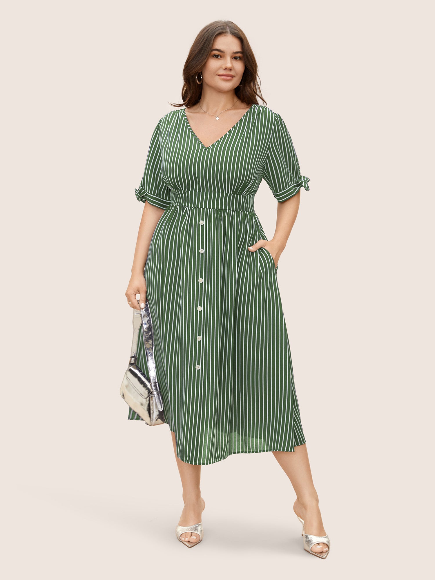 Striped Knot Sleeve Button Detail Dress