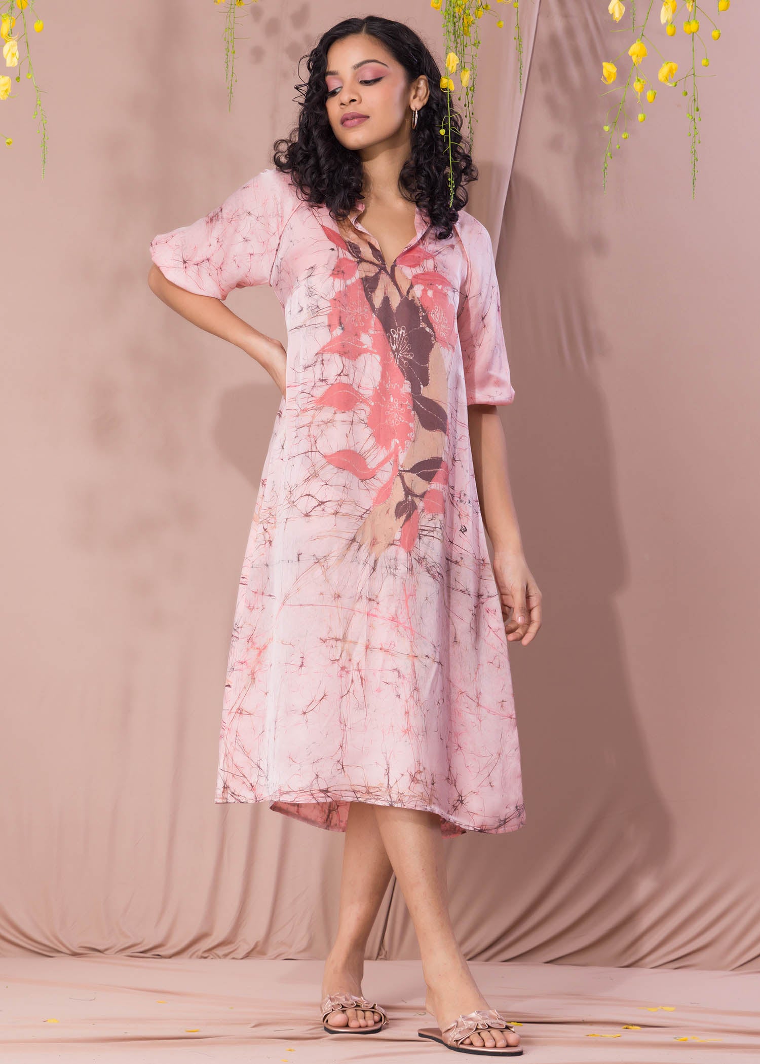 Batik Floral Chinese Neck Detailed Midi Dress