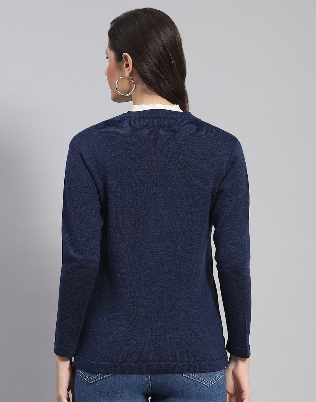 Women Navy Blue Solid V Neck Full Sleeve Cardigan