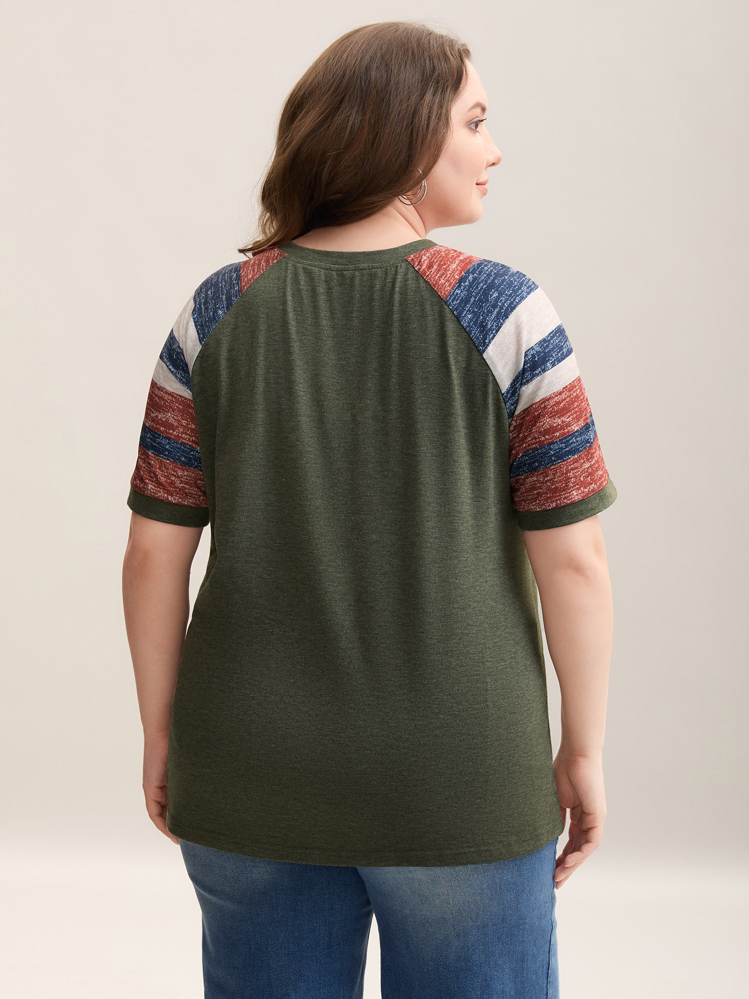 Striped Raglan Sleeve Plain T-Shirt