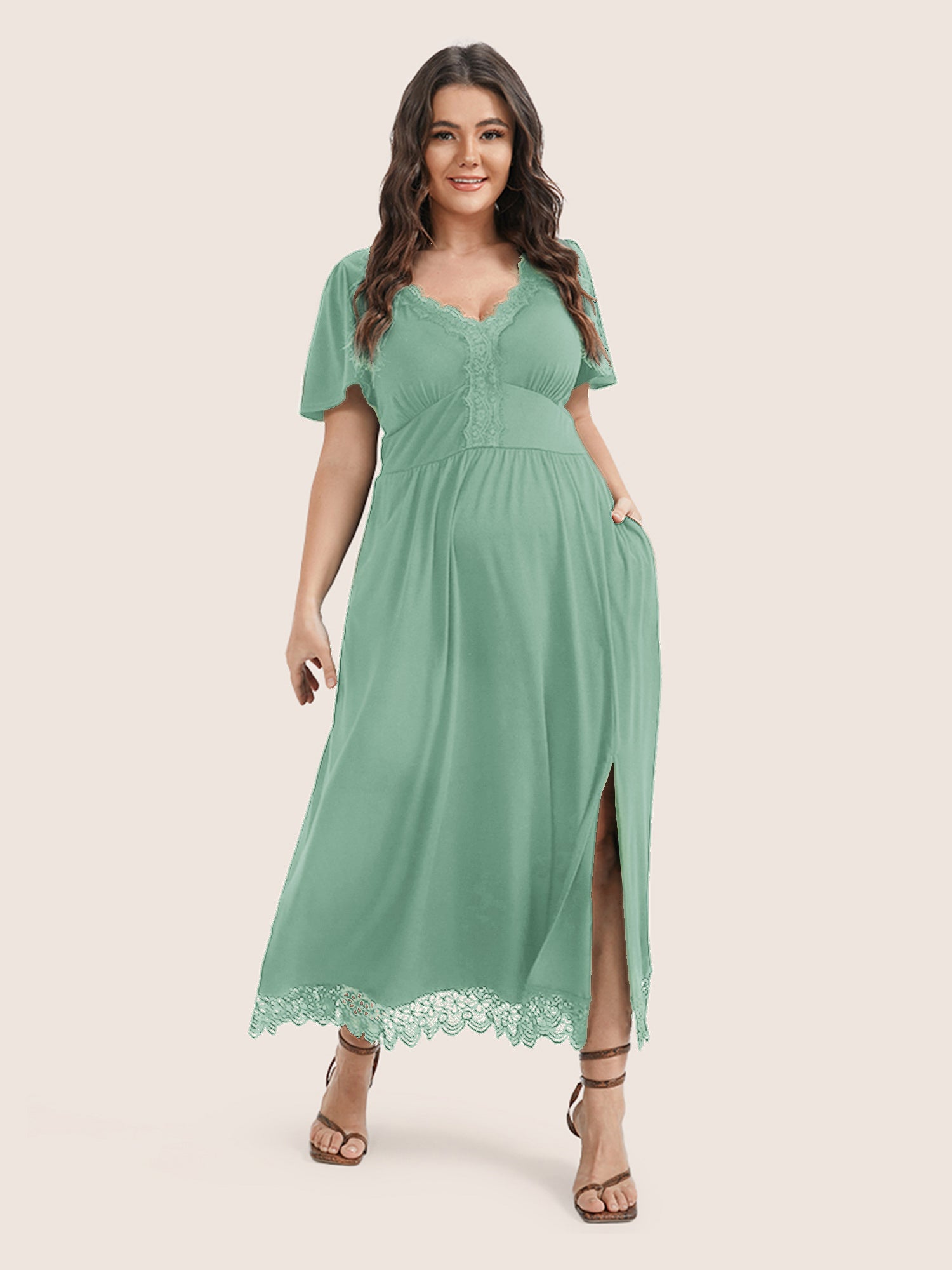 Solid Pocket Contrast Lace Split Maxi Dress