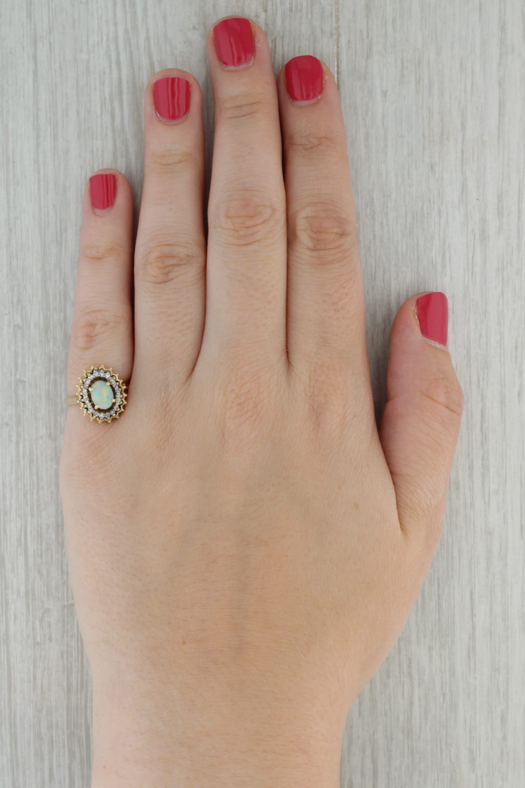 Oval Opal Cabochon Diamond Halo Ring 14k Yellow Gold Size 6.5
