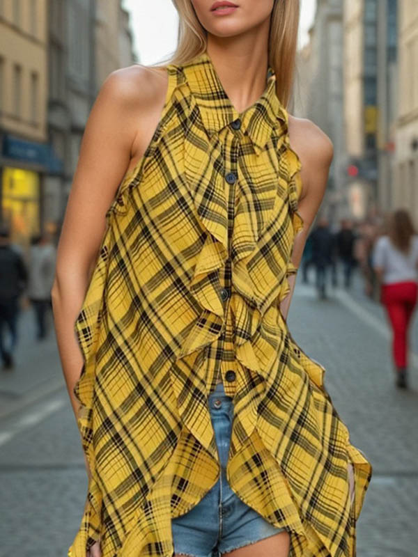Loose Sleeveless Buttoned Contrast Color Plaid Ruffle Trim Lapel Vest Top