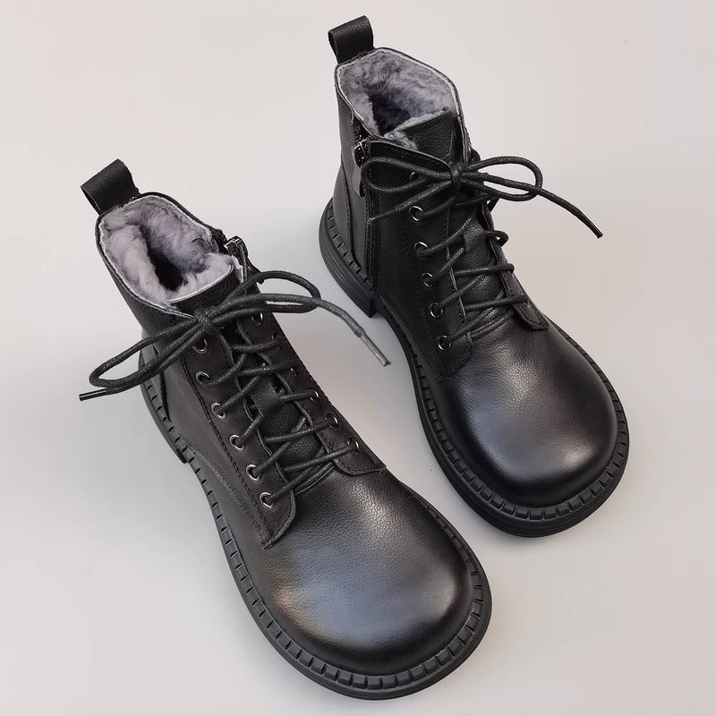 Women's Leather Big Toe Lace up Ankle Boot Side Zip Martin Boots Fleece Lined in Black/Brown