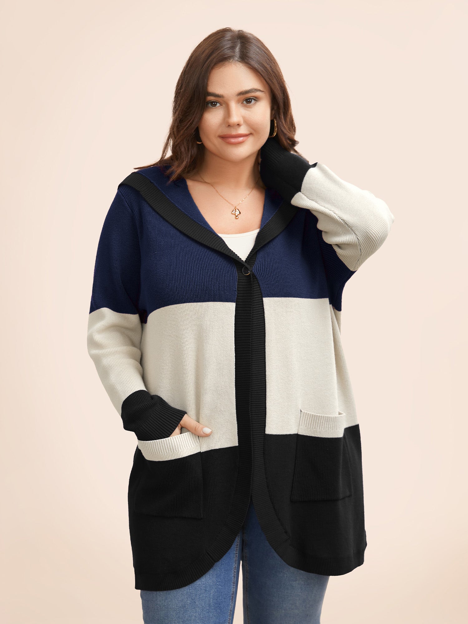 Colorblock Contrast Patched Pocket Hooded Cardigan