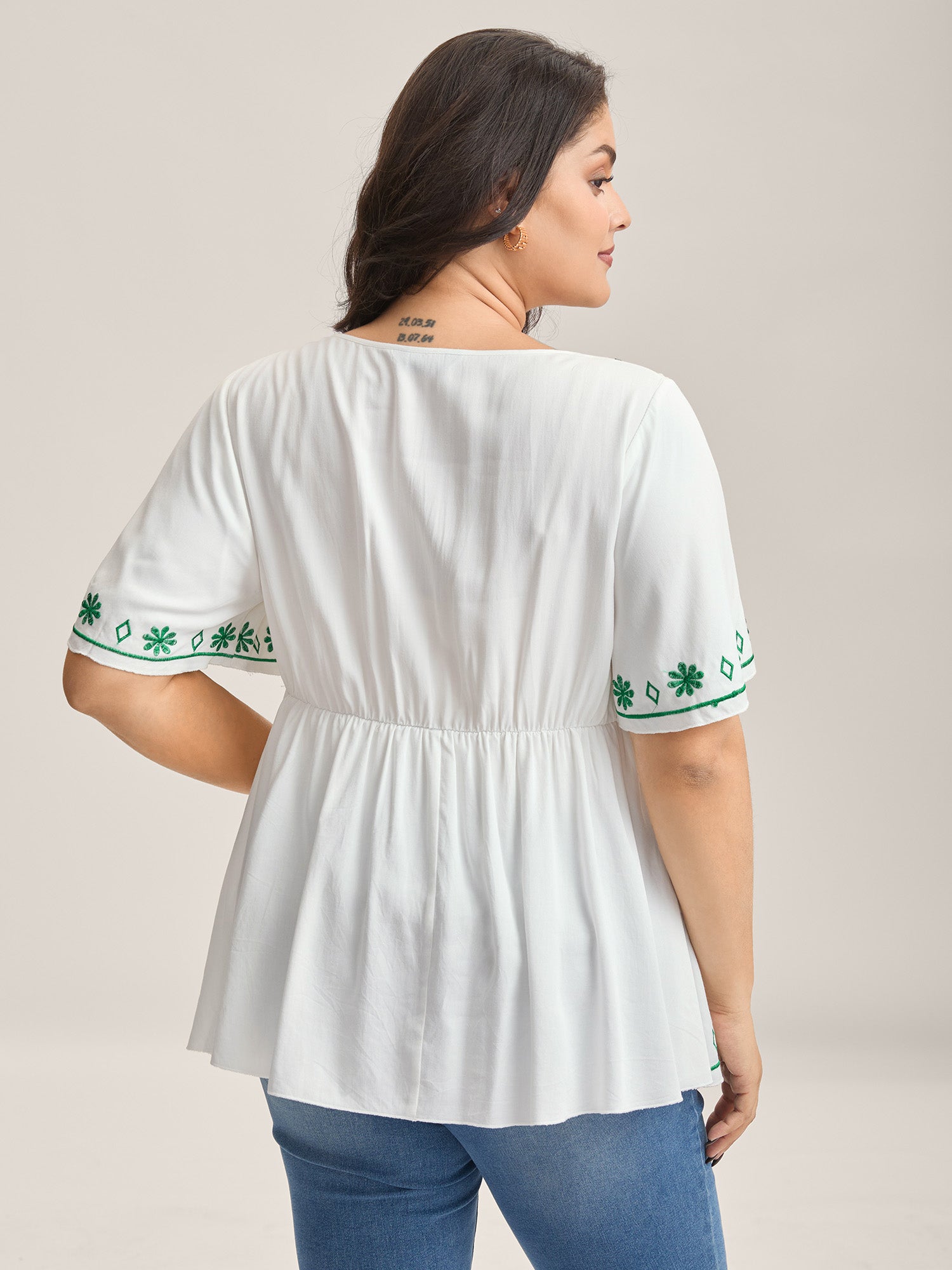 Floral Embroidery Flared Flowy Blouse