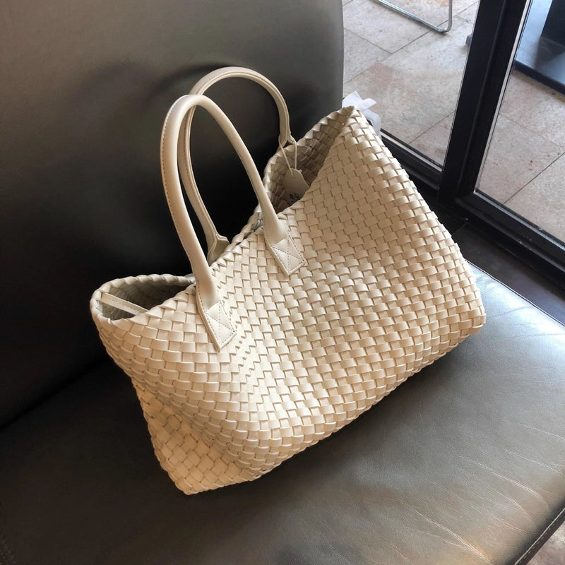 Women's Large Pu Leather Solid Color Streetwear Weave Square Open Tote Bag