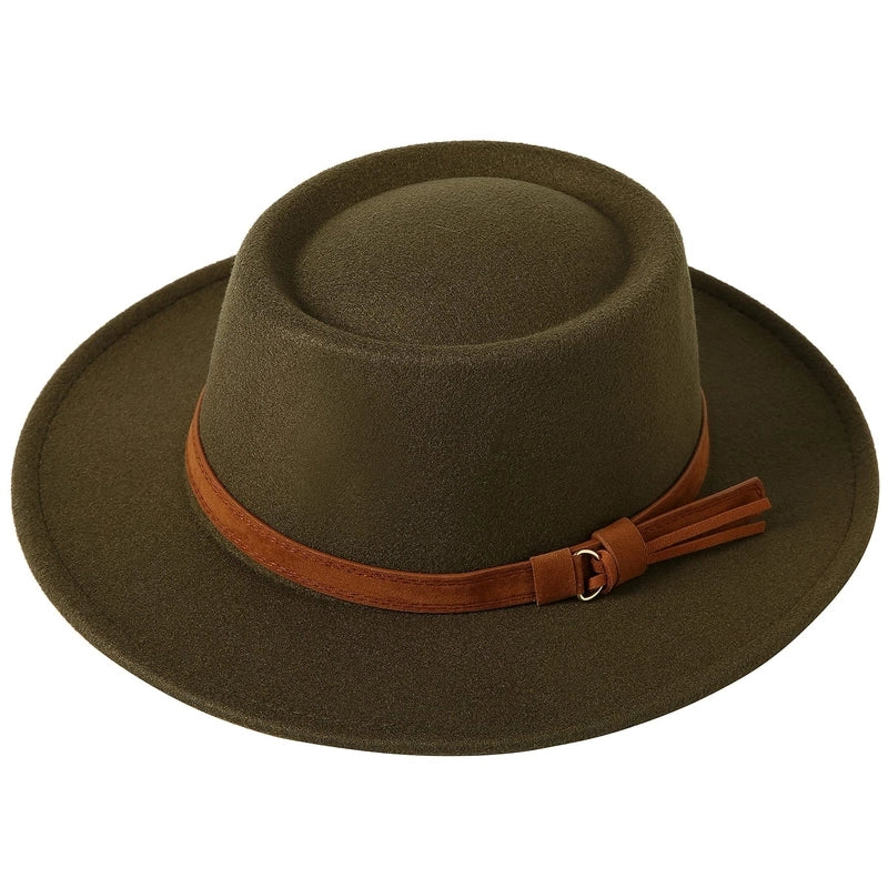 2 Pieces Concave Top Hat British Style Elegant Big Brim Hat Autumn And Winter Street Fashion Warm Felt Hat