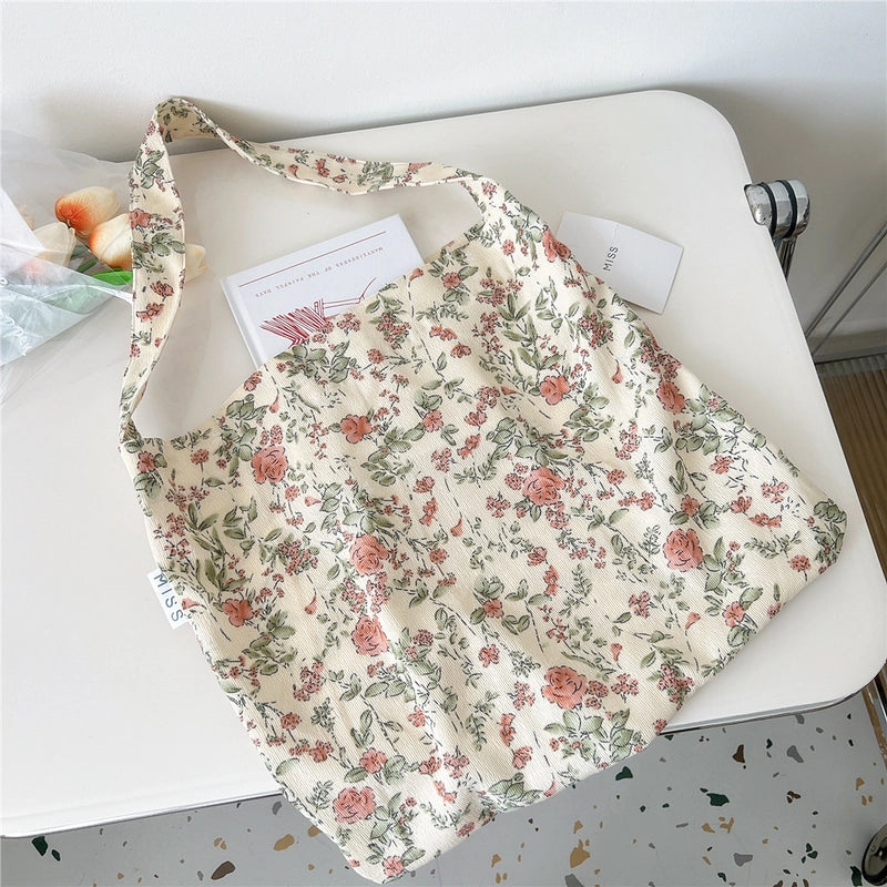 Women's Medium Canvas Flower Basic Classic Style Square Open Canvas Bag