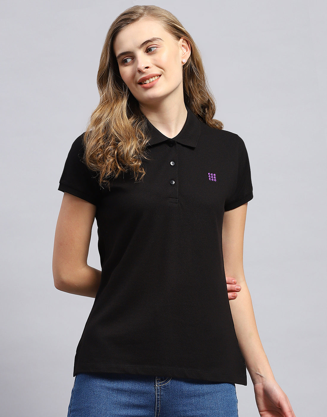 Women Black Solid Polo Collar Half Sleeve T-Shirt