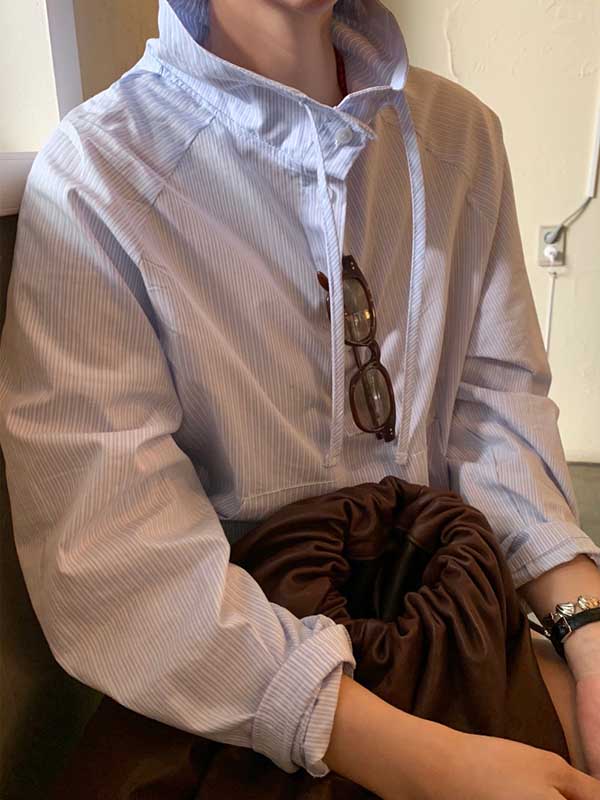 Long Sleeves Loose Drawstring Pockets Striped Sun Protection Stand Collar Outerwear Sweatshirt Tops