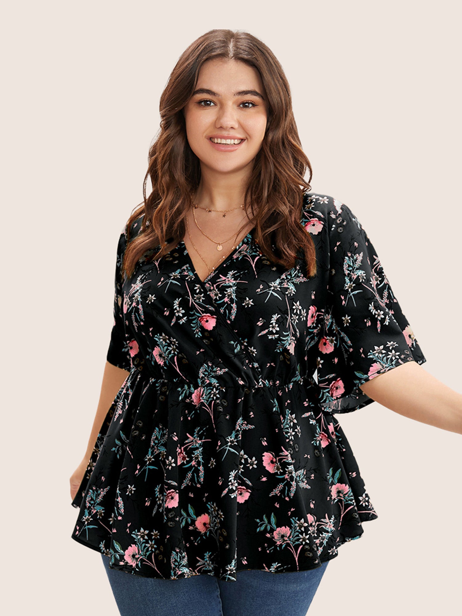 Floral Print Ruffles Surplice Neck Blouse