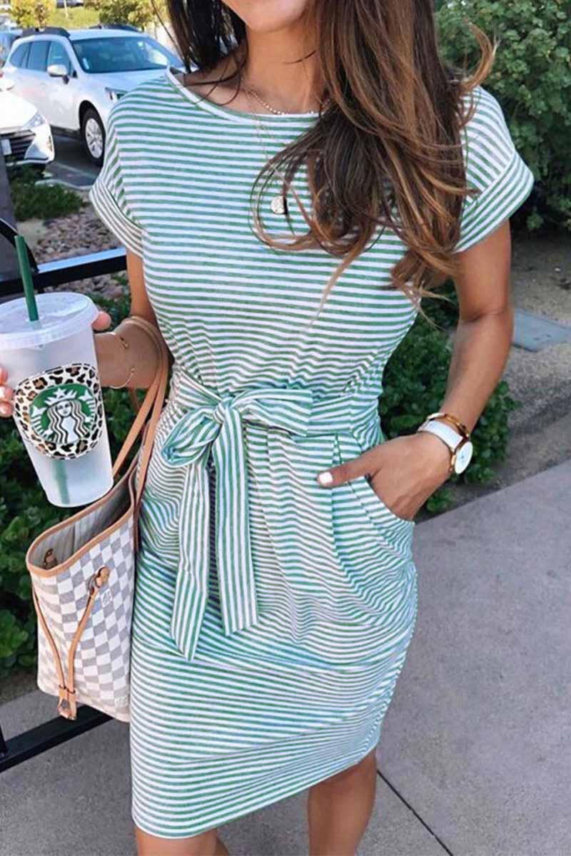 Florcoo Striped Knot Design Grey Midi Dress(5 Colors)