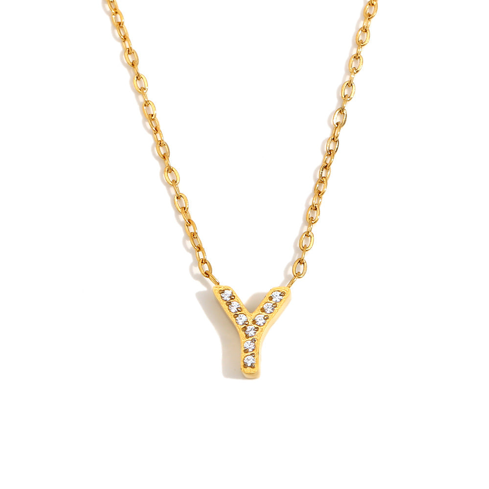 Fashionable And Simple 26 English Letter Pendant Stainless Steel Plated 18K Gold Diamond Small Letter Necklace For Women
