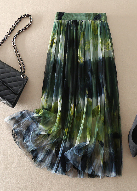 Women Green high waist Print Tulle Skirt Spring