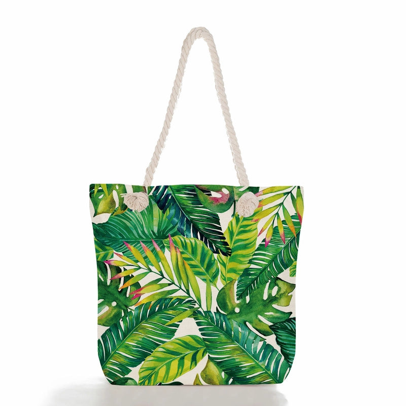 Green Leaf Printed Cotton Rope Bag Large Capacity Shoulder Bag Student Book Tote Bag Printable Logo