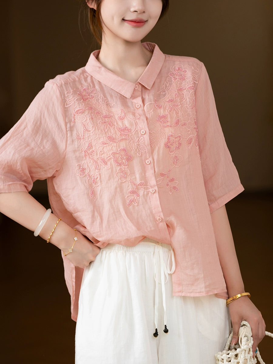 Women Summer Artsy Embroidery 100%Ramie Shirt