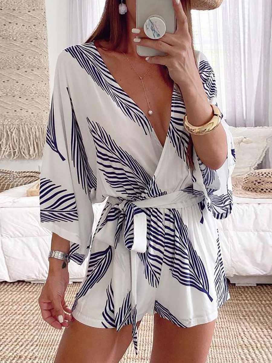 Plant Print Bat Sleeve Kimono Romper