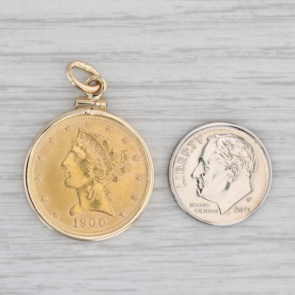 Authentic 1900 Liberty Coin Pendant 900 Coin 14k Bezel 5 Dollar Medallion Charm