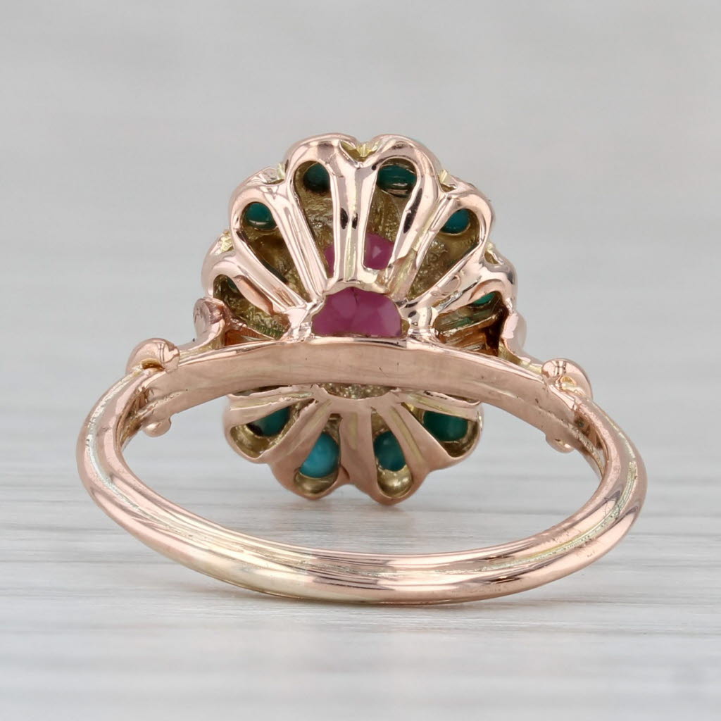 Vintage Rhodolite Garnet Turquoise Halo Ring 12k Rose Gold Size 5