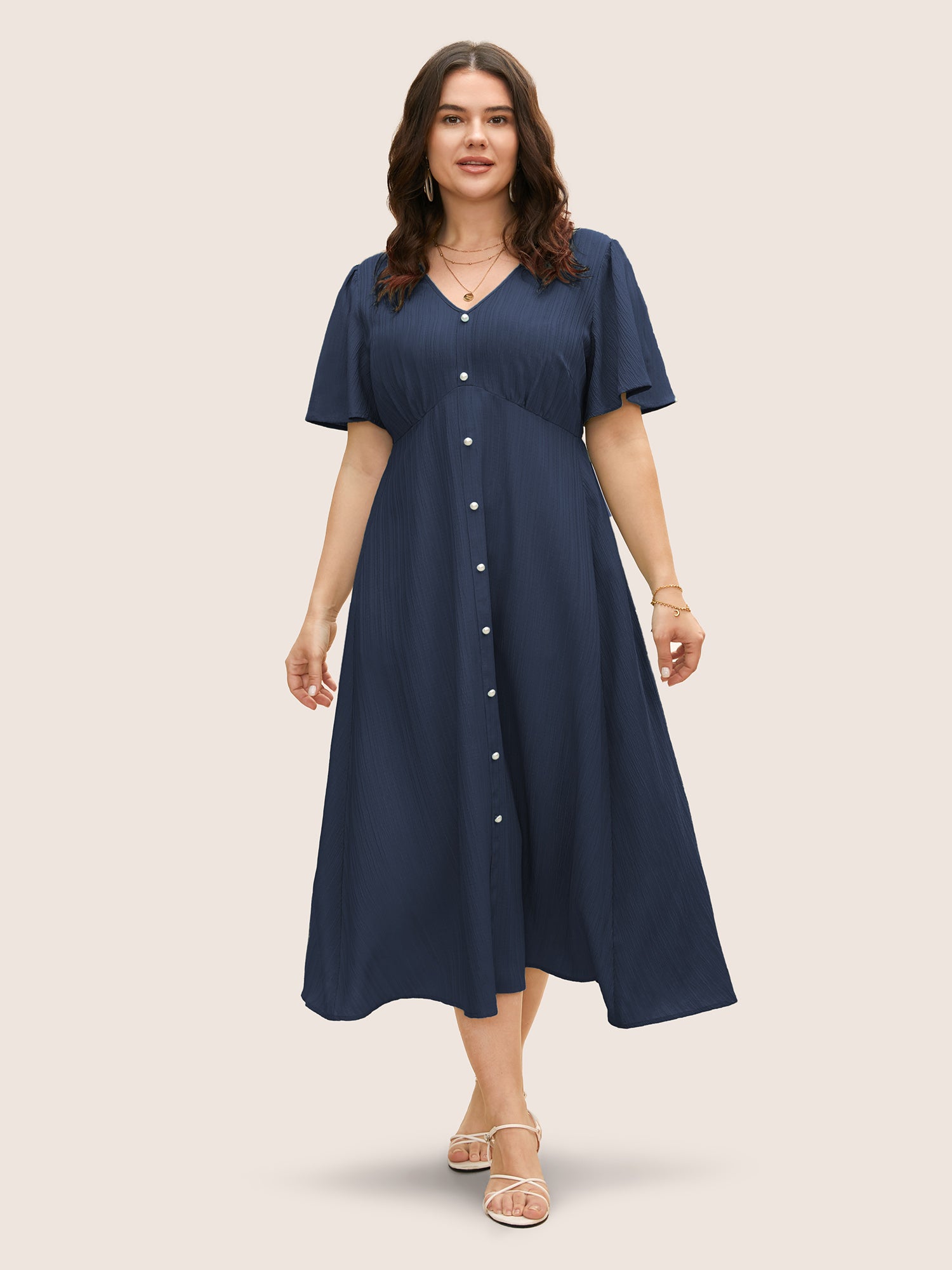V Neck Button Detail Flutter Sleeve Dress