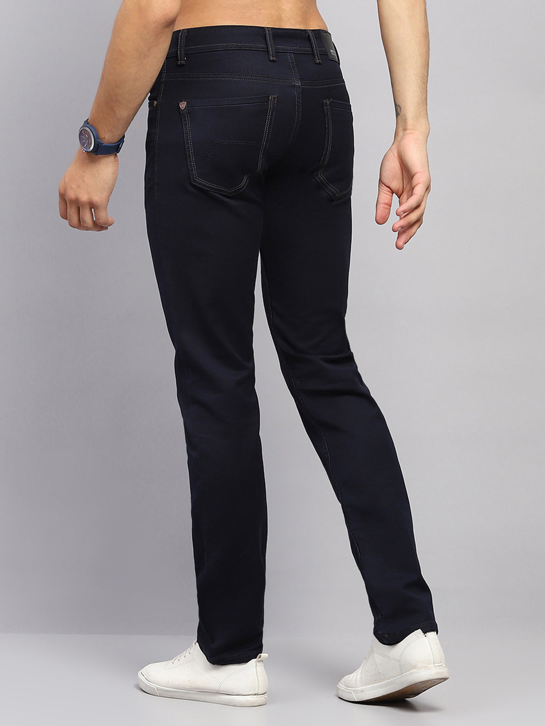 Men Navy Blue Solid Narrow Fit Denim