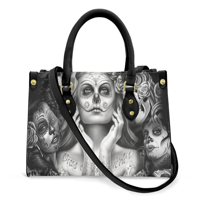 Halloween Women's Medium Pu Leather Human Floral Streetwear Square Hook Loop Customized Tote Bag