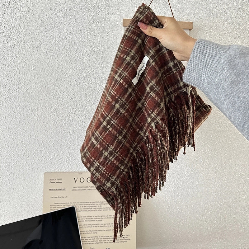 Women's Casual Retro Lattice Cotton Blend Tassel Scarf