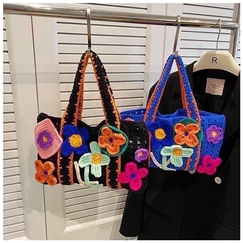 Women's Medium Knit Flower Streetwear Square Open Straw Bag